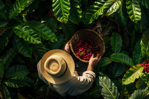 Harvesting coffee cherries in central america, one of the major coffee growing regions.