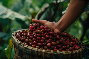 A close-up of a person holding freshly harvested Liberica coffee cherries, highlighting the large, vibrant cherries unique to this coffee variety.