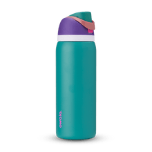 Full profile shot of the 32oz &#39;80s Ski Slope&#39; FreeSip water bottle in blue and purple.
