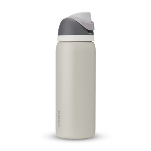 Full profile shot of the 32oz 'Rock On' FreeSip water bottle in grey and silt.