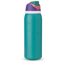 Full profile shot of the 40oz &#39;80s Ski Slope&#39; FreeSip water bottle in blue and purple.
