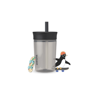 Full profile shot of the 15oz Plastic Tumbler 'Skate Park,' featuring a cartoon penguin on a skateboard beside it.