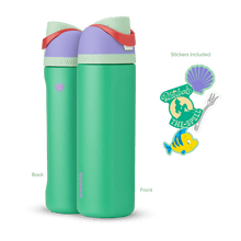 Front and back view of the Ariel 24oz Owala FreeSip bottle with Ariel-themed stickers, showcasing all included items.
