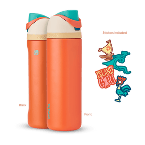 Front and back view of the Moana 24oz Owala FreeSip bottle with Moana-themed stickers, showcasing all included items.